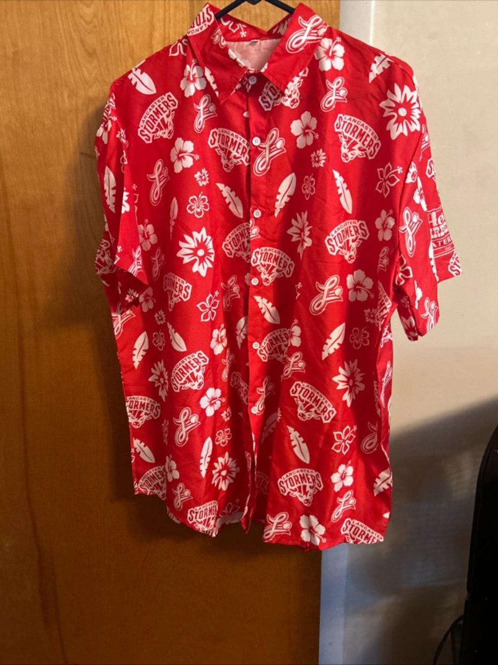 Lancaster Barnstormers Baseball Red Short-Sleeve Hawaiian Shirt with White Print